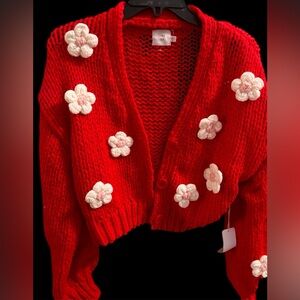 Red Floral Appliqué Chunky Knit Cardigan